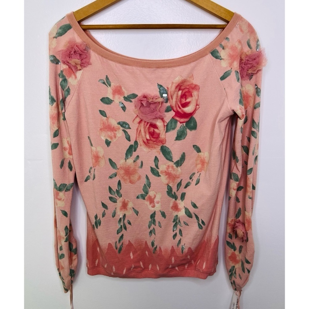 BLUMARINE Floral Pink Rose Appliqué Long Sleeve Top